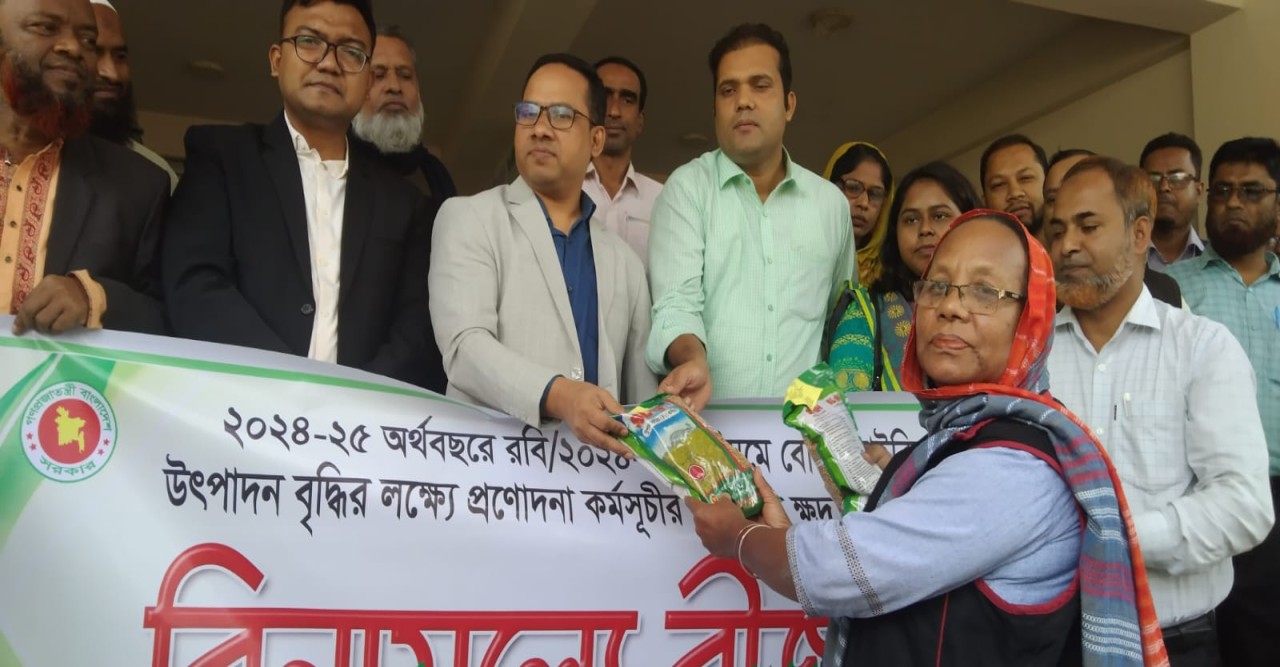 টাঙ্গাইলের মধুপুরে বিনামূল্যে উচ্চফলনশীল ধানবীজ বিতরণ